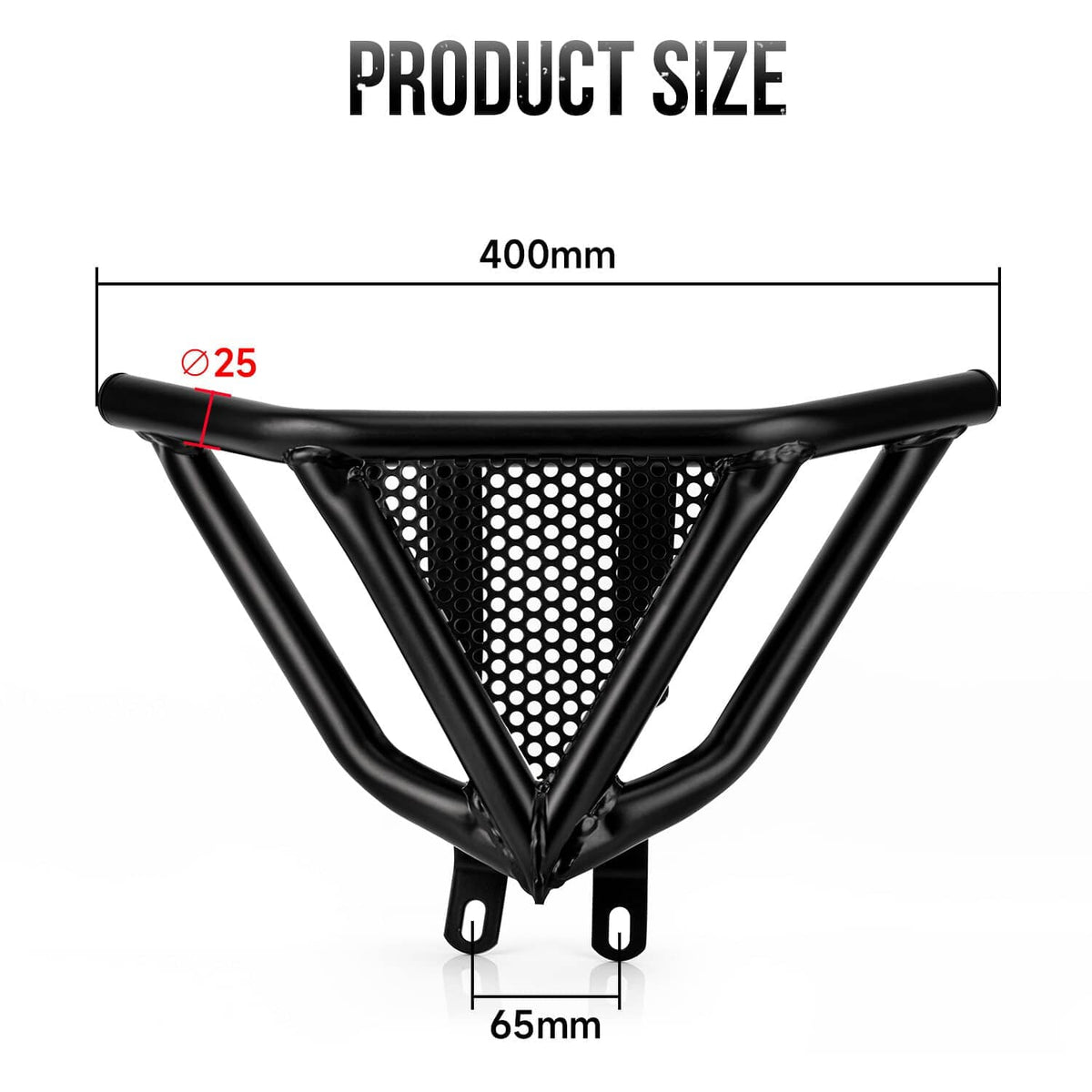 Front bumper guard size layout showing black top tube and perforated mesh center