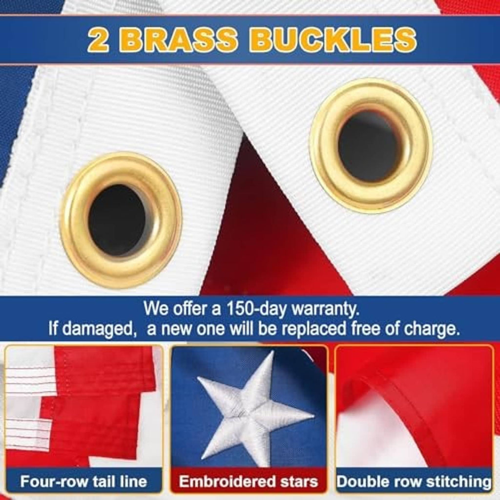 American flag fabric close-up with two brass grommets and red-and-white stripes