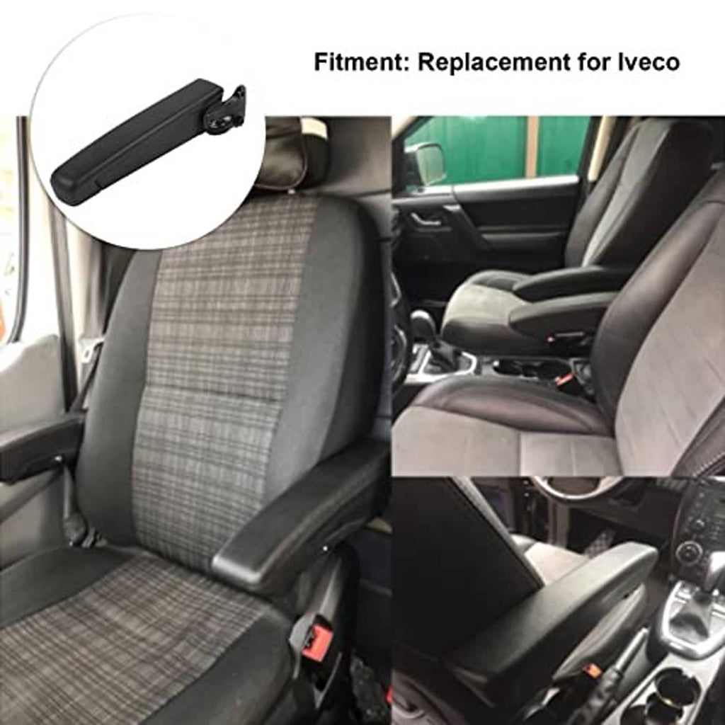 Black car seat armrest with angled mounting bracket for seat installation