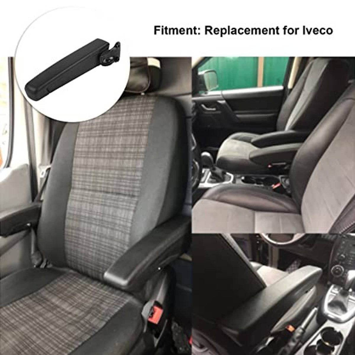 Black car seat armrest with angled mounting bracket for seat installation