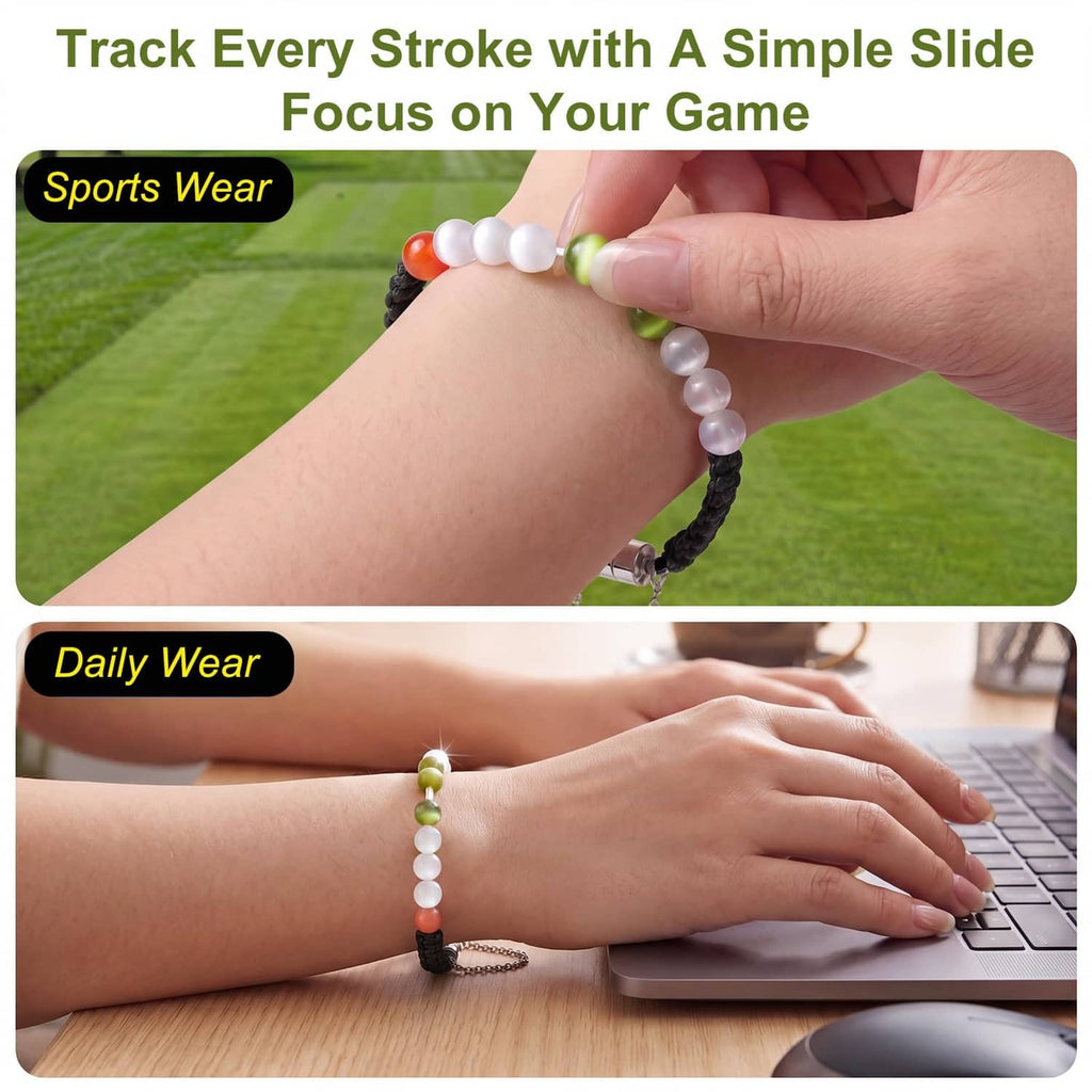 Black-and-white bead stroke counter bracelet on a wrist with magnetic clasp