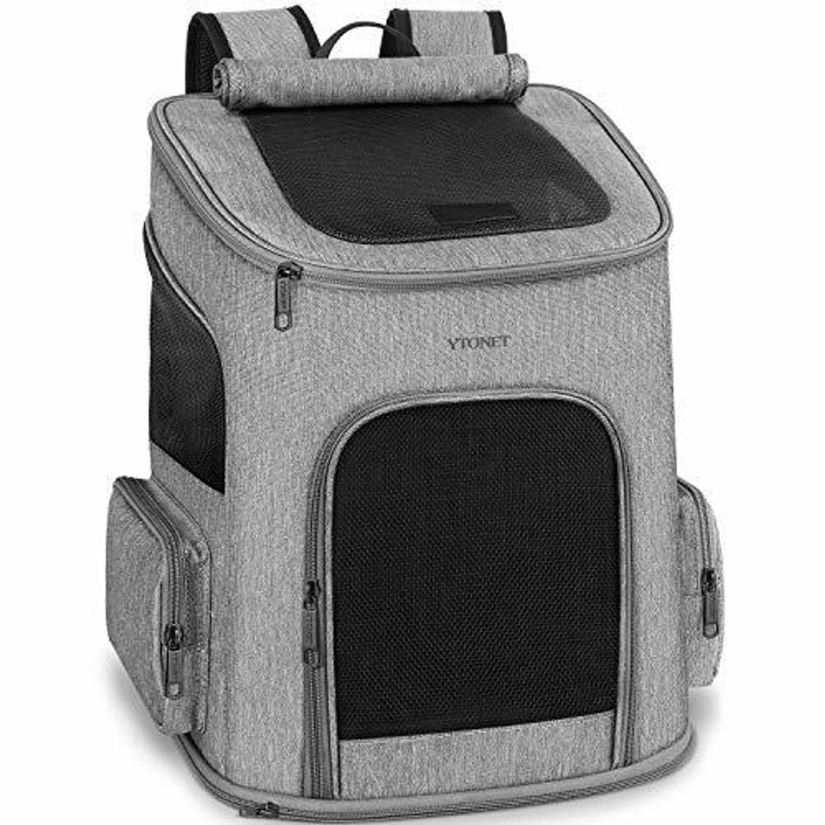 Gray dog backpack carrier with large front mesh opening and padded top handle