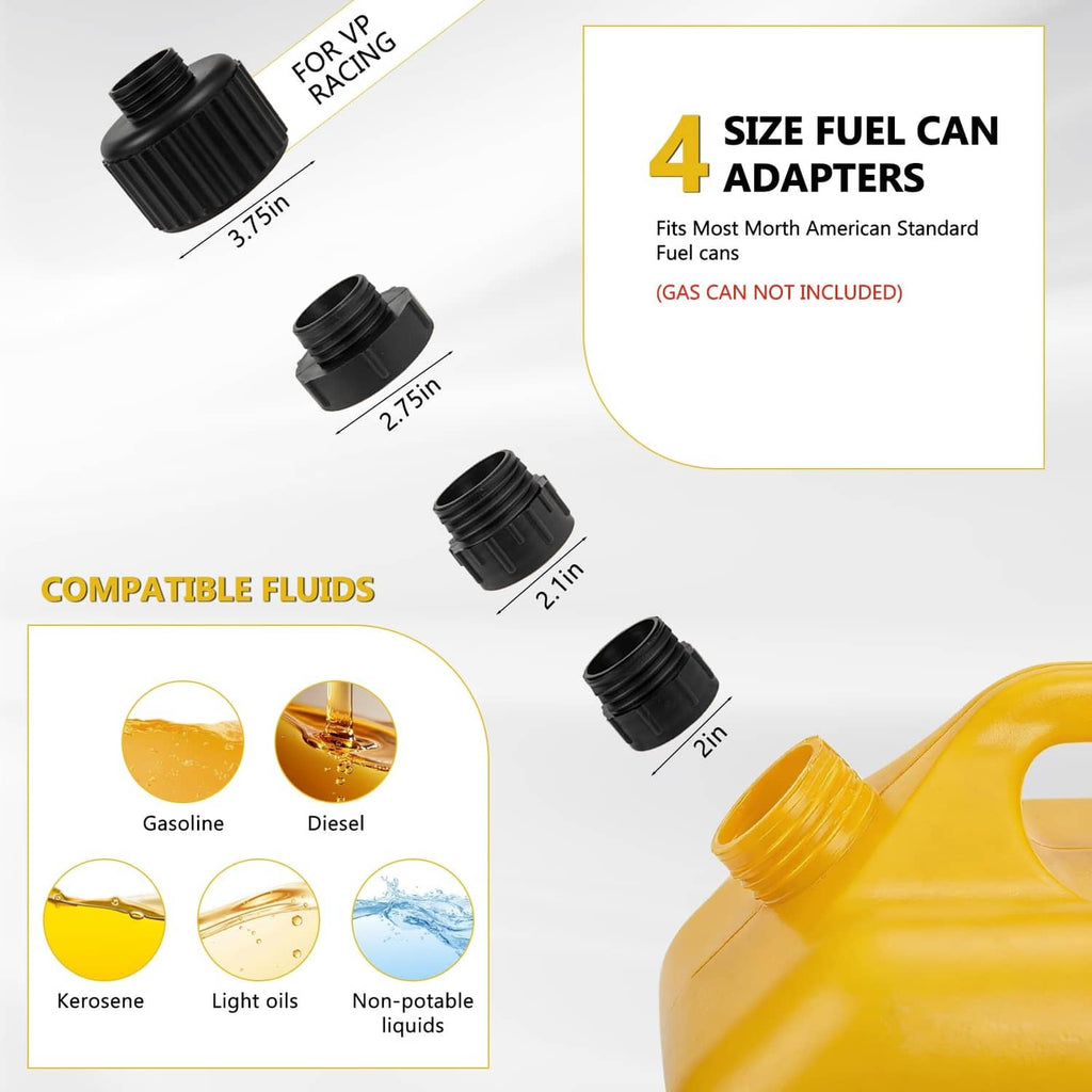 Yellow fuel can with four black adapter caps for matching filler sizes