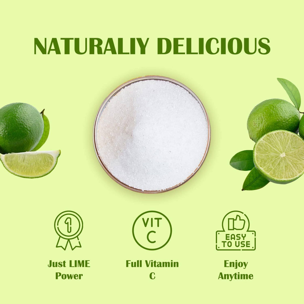 Freeze-dried lime powder jar lid with pale green powder and lime fruit halves
