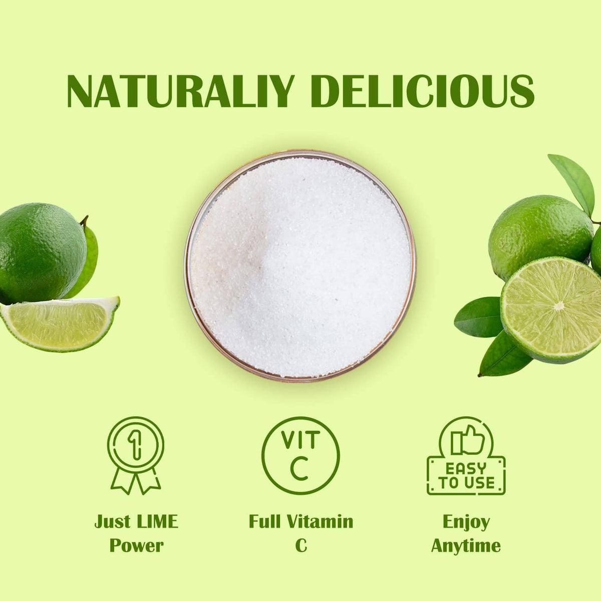 Freeze-dried lime powder jar lid with pale green powder and lime fruit halves