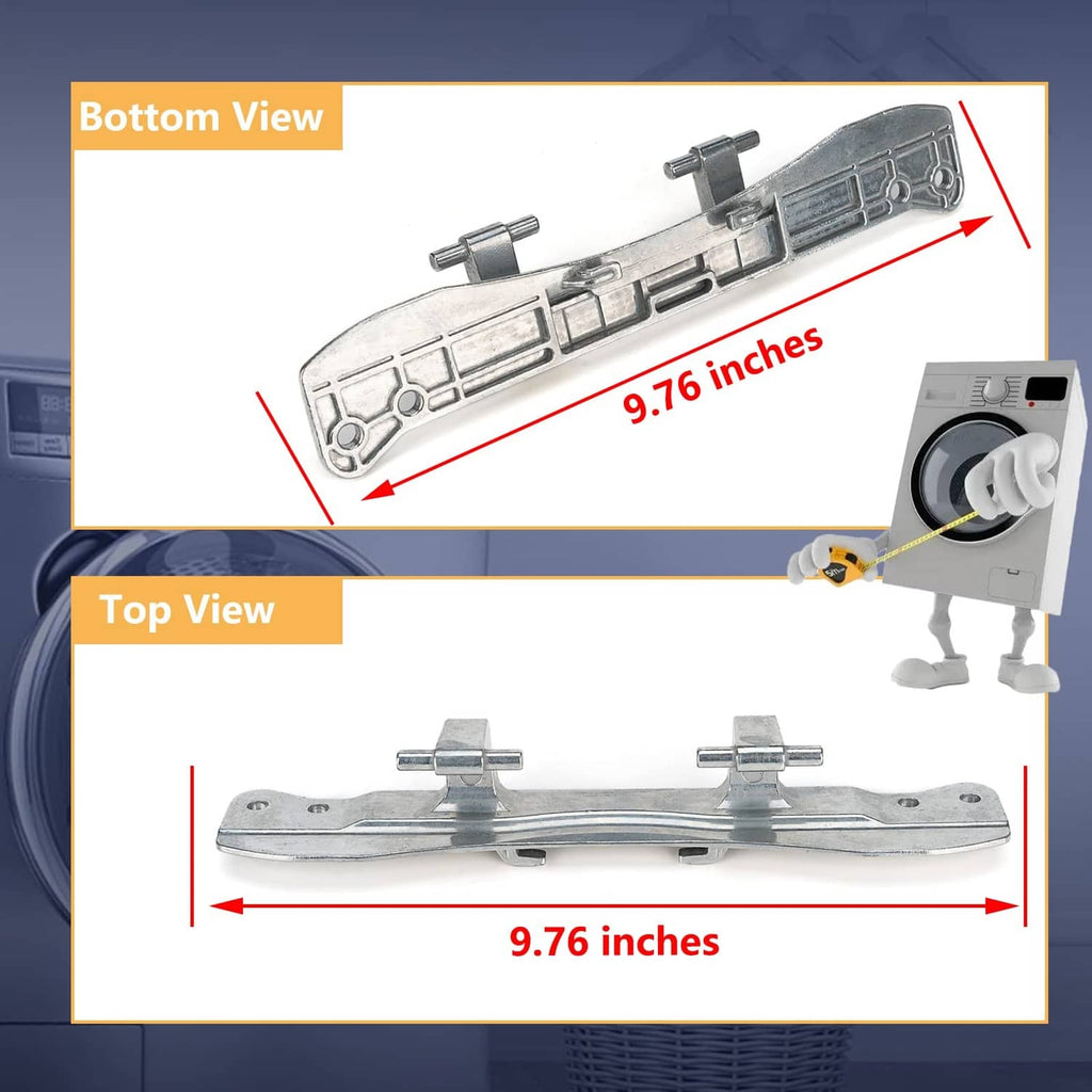 Washer door hinge replacement, showing top and bottom views, approx. 9.76 in