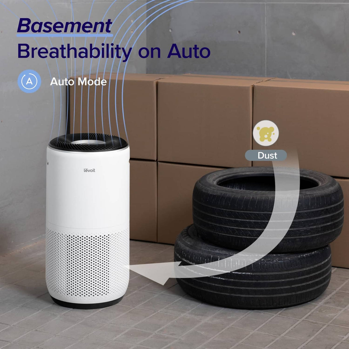 Cream white air purifier with perforated front grille in a storage area