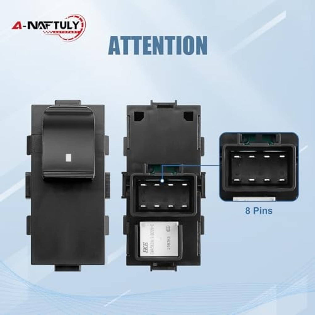 Power window switch rocker module with rear connector and visible pin layout, black.