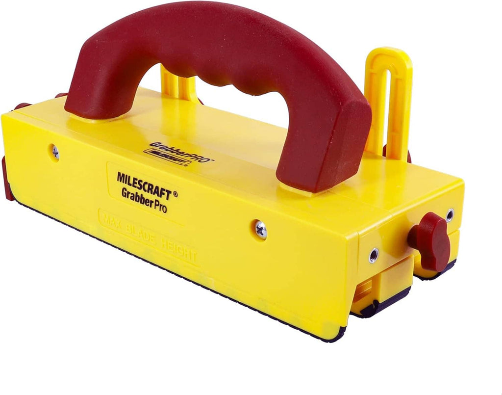 Yellow table saw push block with burgundy handle and side grip