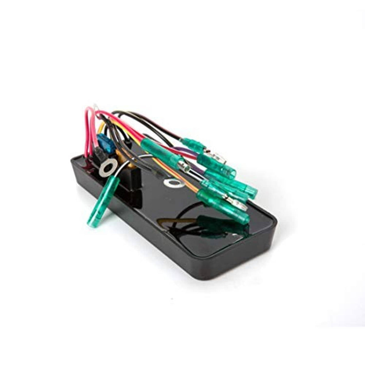 Jet ski CDI module with black case, metal mounting holes, and green-tipped wires