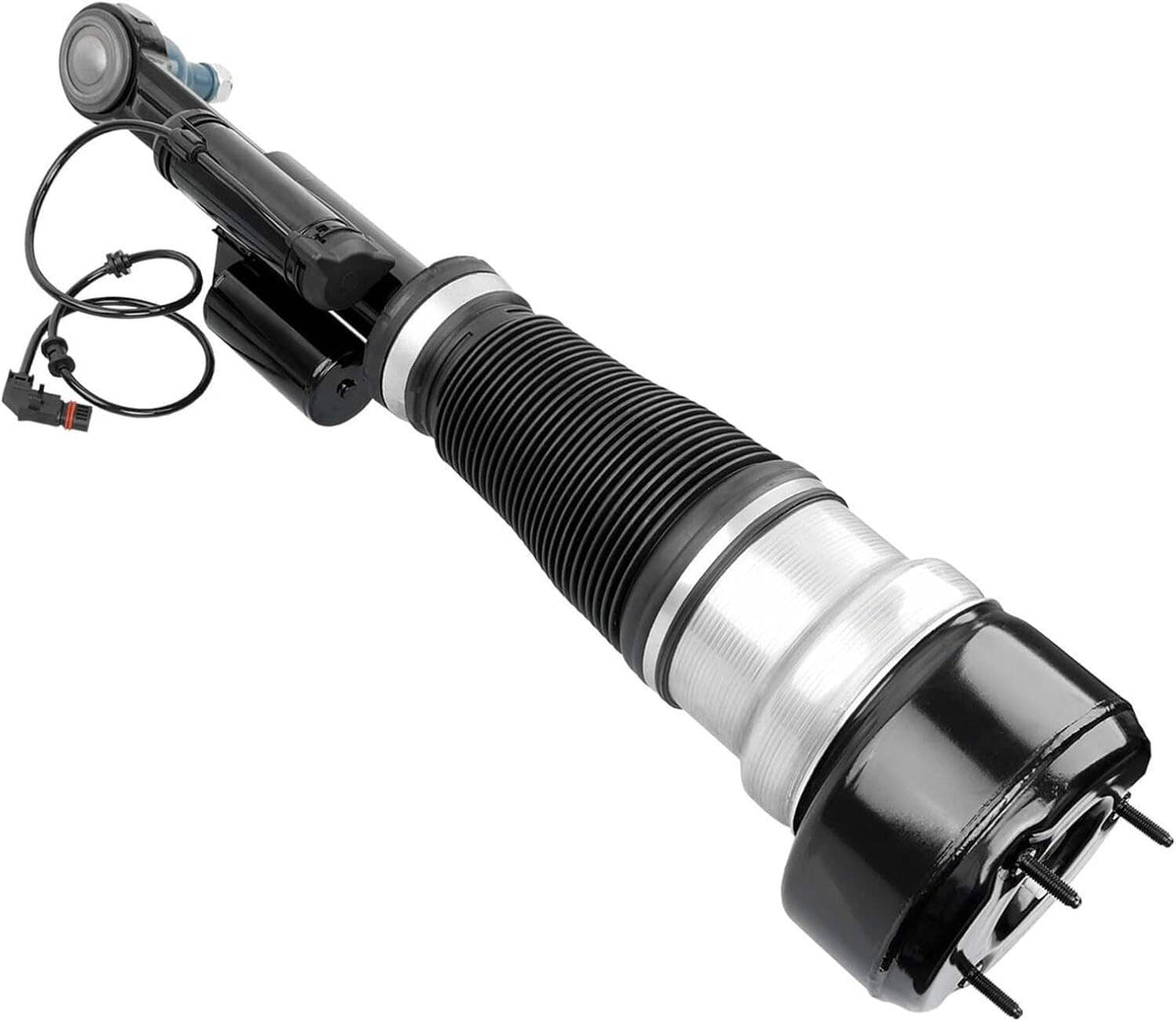 Front right air suspension strut with silver air spring sleeve, black end mounts, wiring