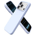 Baby blue slim liquid silicone iPhone 17 Pro case with camera cutout and buttons.