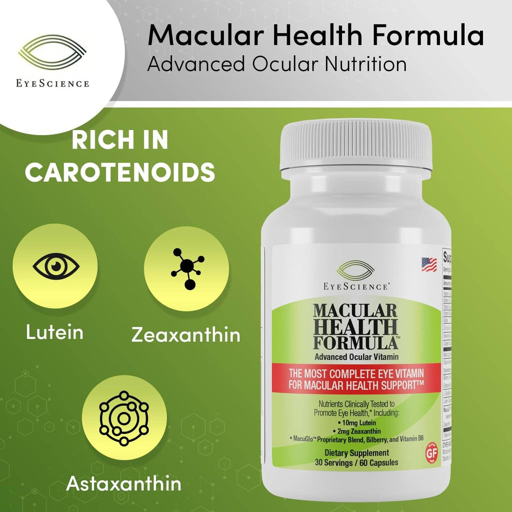 Macular Health Formula bottle with rich in carotenoids icons
