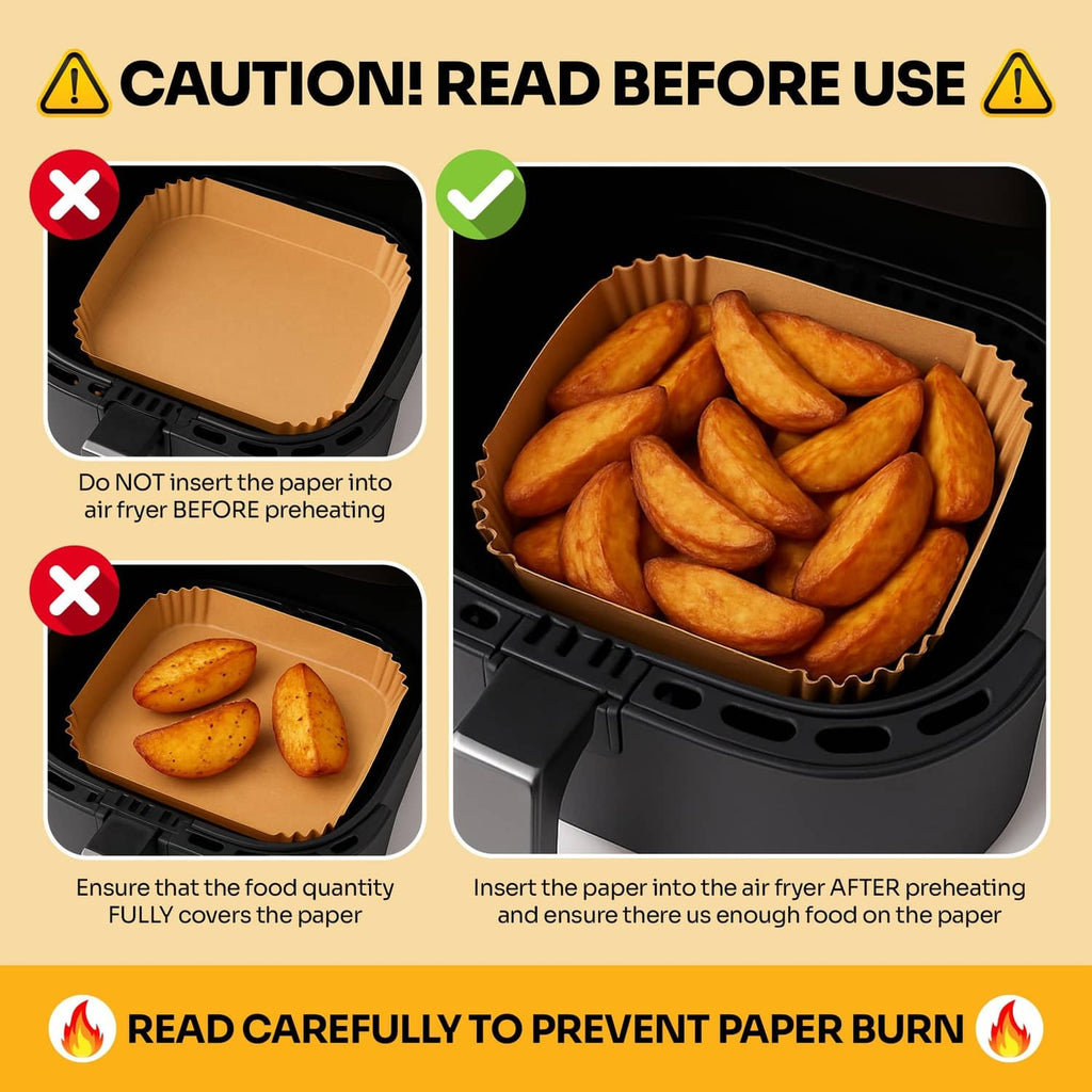 Tan air fryer paper liner in black basket, scalloped edges holding baked food