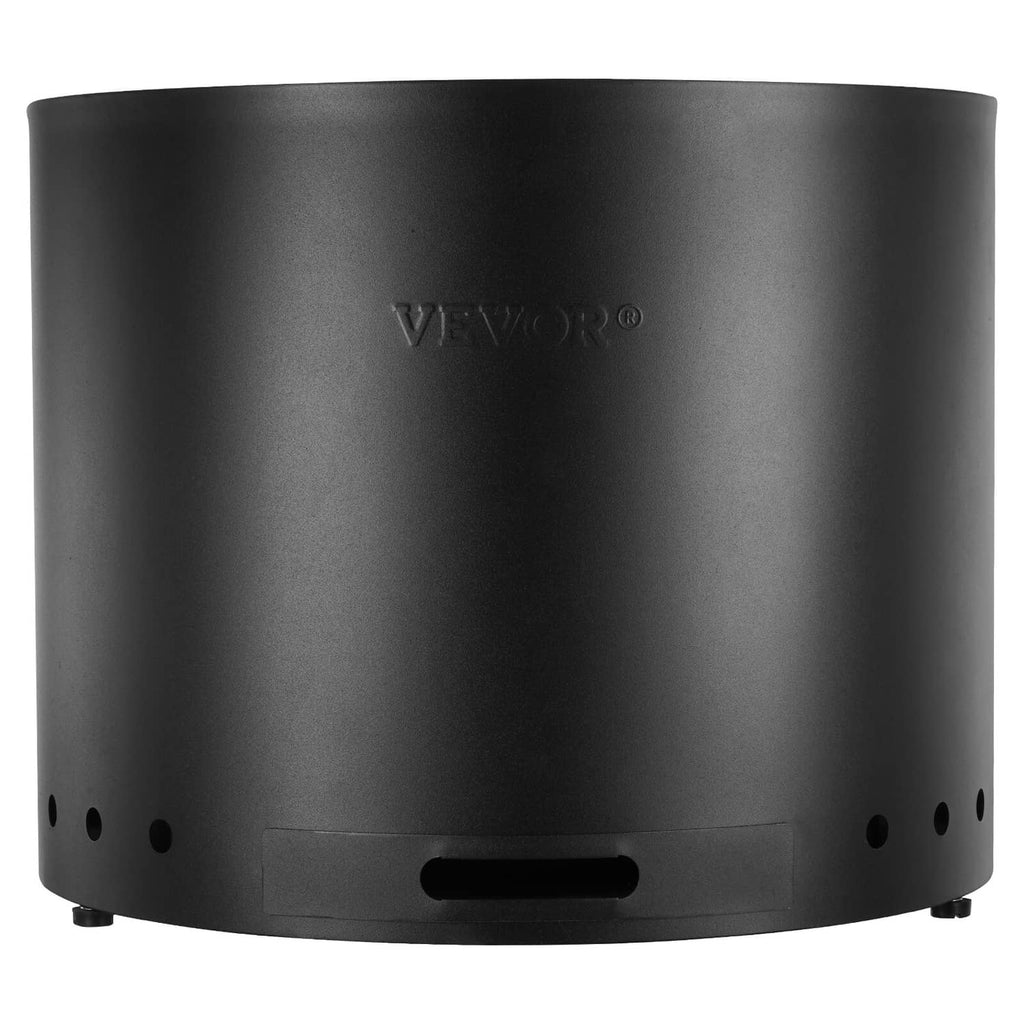 VEVOR fire pit stove close-up, black round body with front ash opening and vent holes