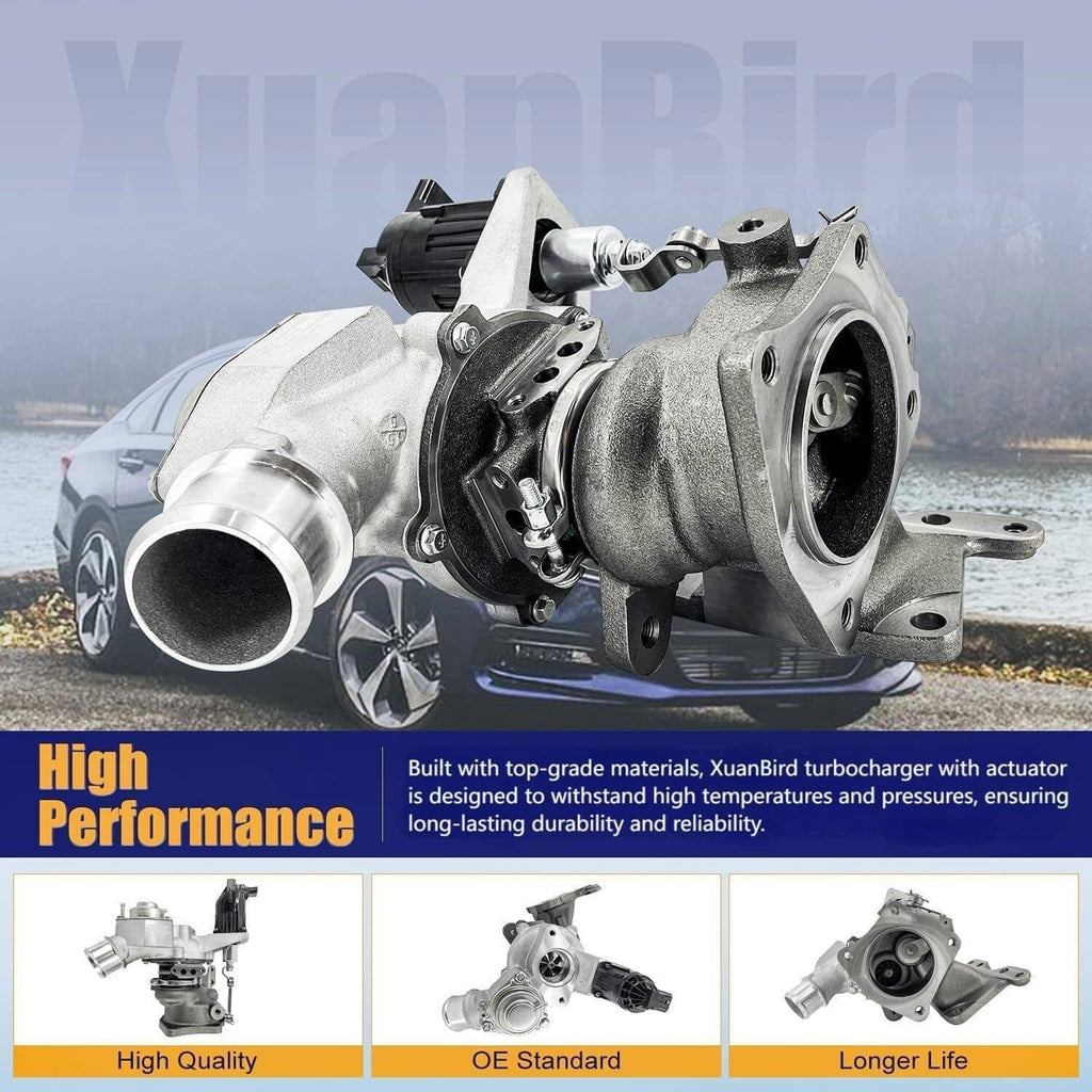Turbocharger with actuator and intake outlet installed on vehicle, silver and black parts