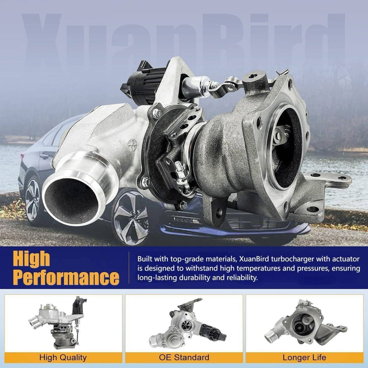 Turbocharger with actuator and intake outlet installed on vehicle, silver and black parts