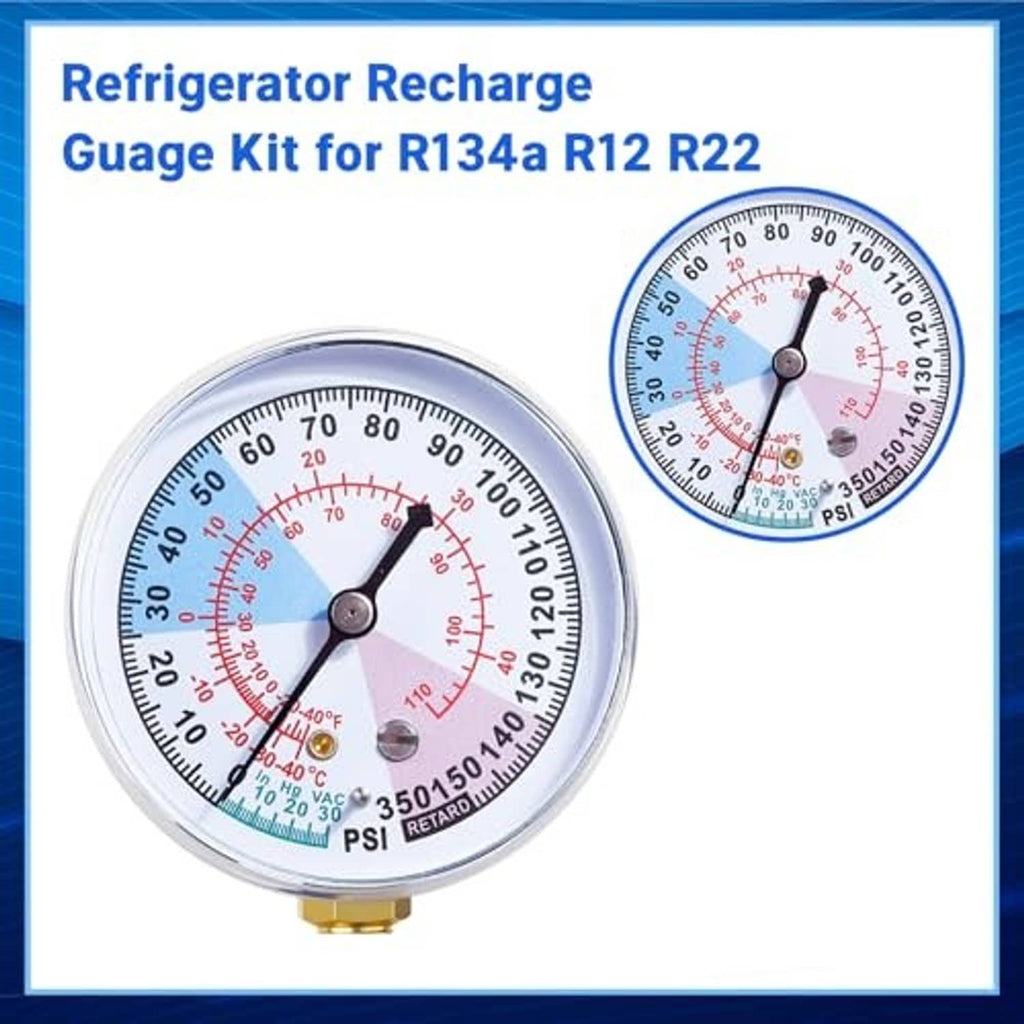 Analog refrigerant pressure gauge with dial markings and brass connection.