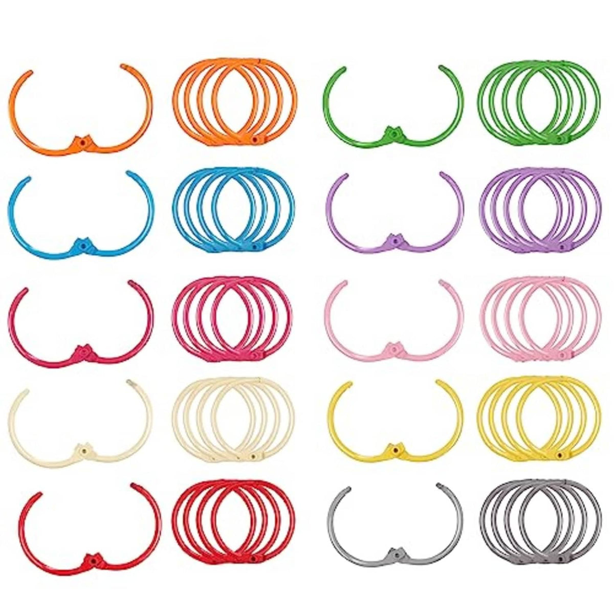Assorted colorful binder rings with small connector tabs, arranged in rows
