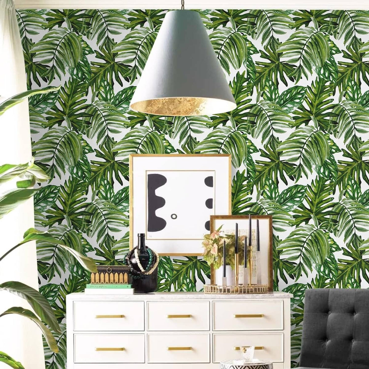 Tropical palm leaf peel-and-stick wallpaper with dense repeating green-and-white foliage