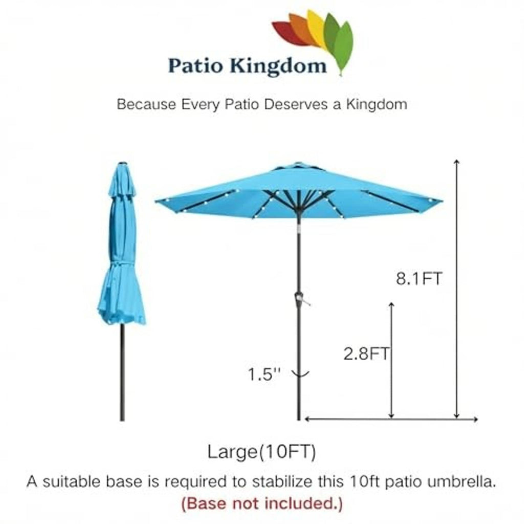 Sky blue LED patio umbrella shown with tilt canopy and size dimensions