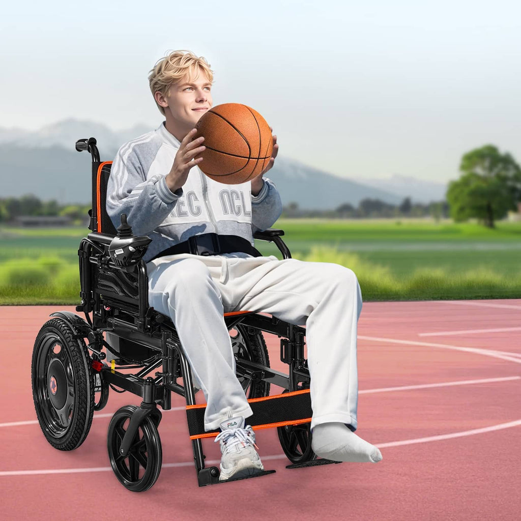 Electric wheelchair with black frame, orange trim, and large front and rear wheels