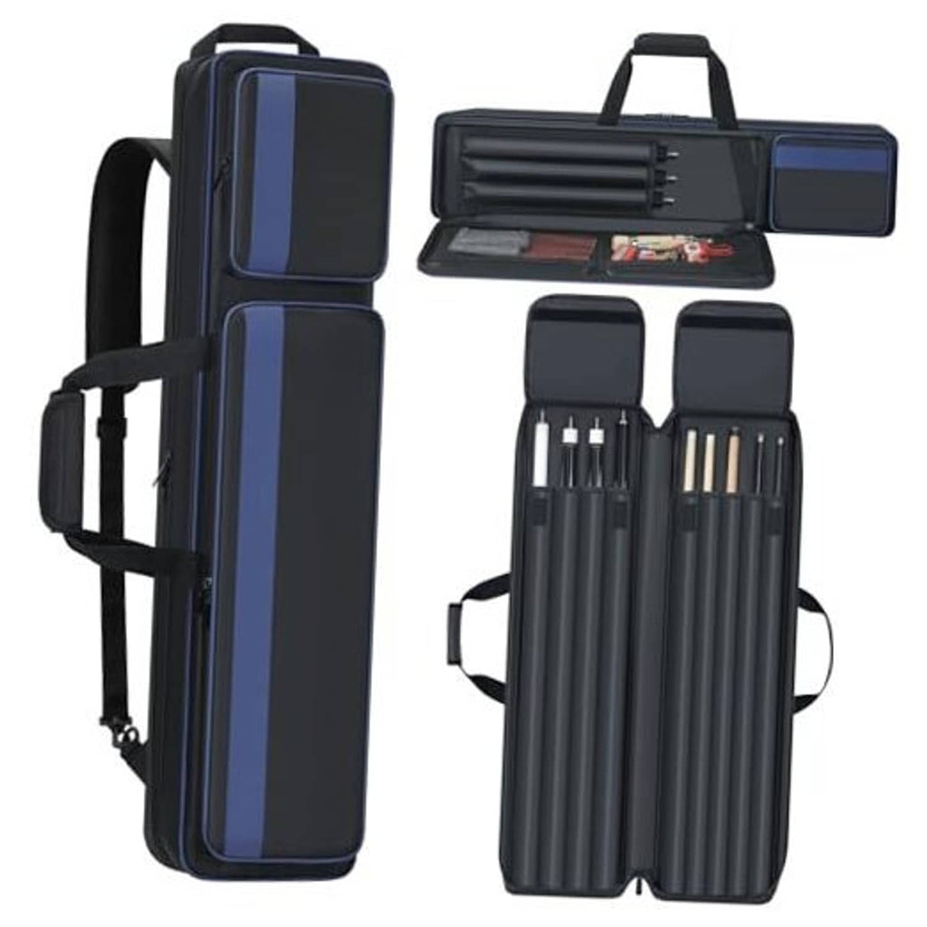Navy-blue soft padded pool cue case with two carry handles and shoulder strap