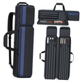 Navy-blue soft padded pool cue case with two carry handles and shoulder strap