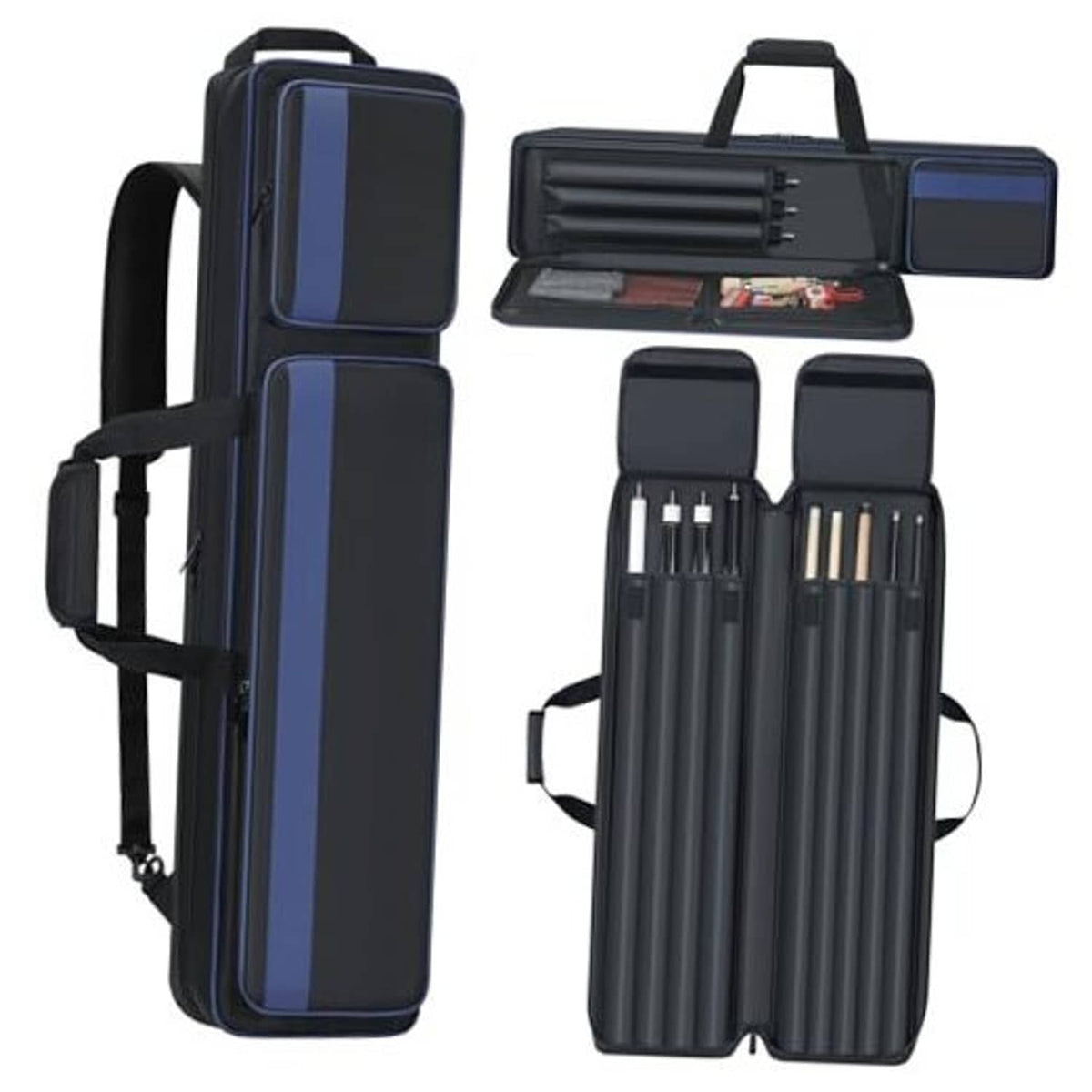 Navy-blue soft padded pool cue case with two carry handles and shoulder strap