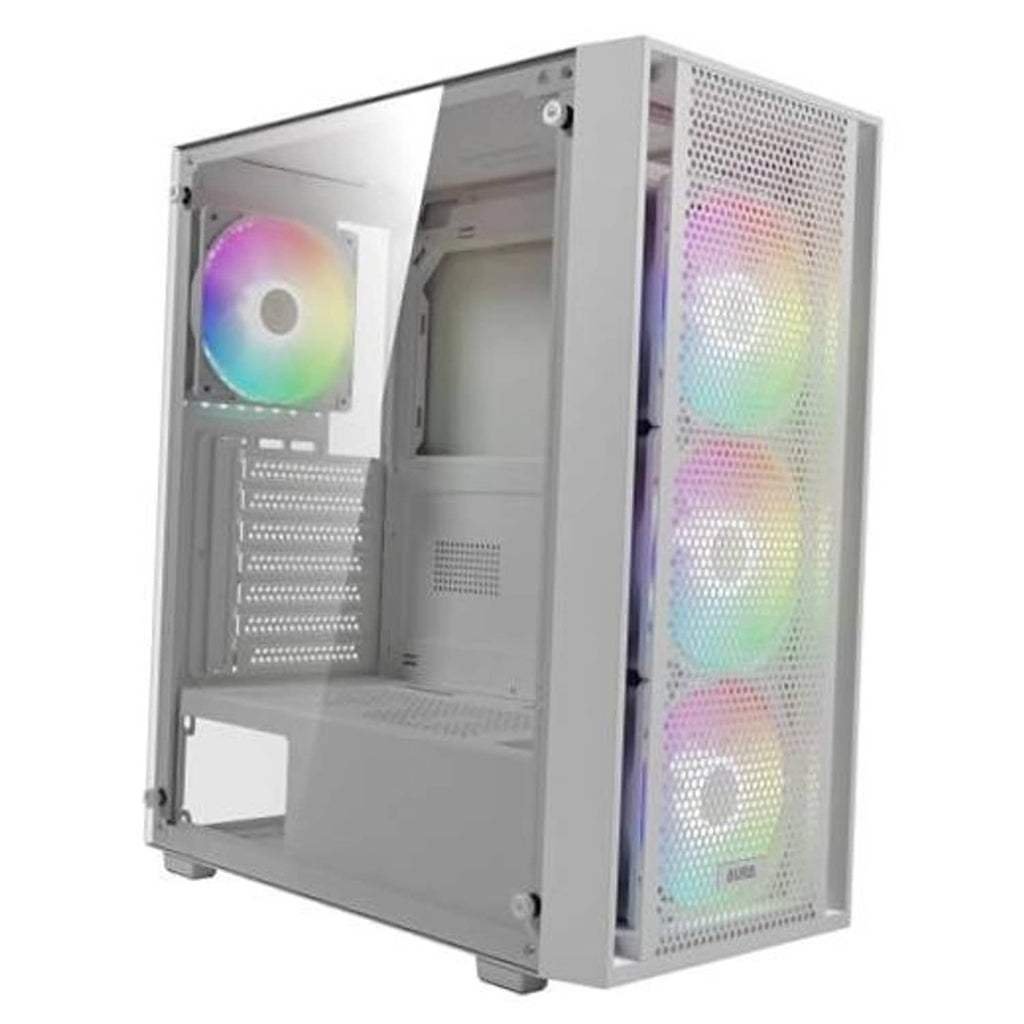 White mid-tower PC case with tempered glass side panel and RGB front fans