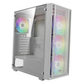 White mid-tower PC case with tempered glass side panel and RGB front fans