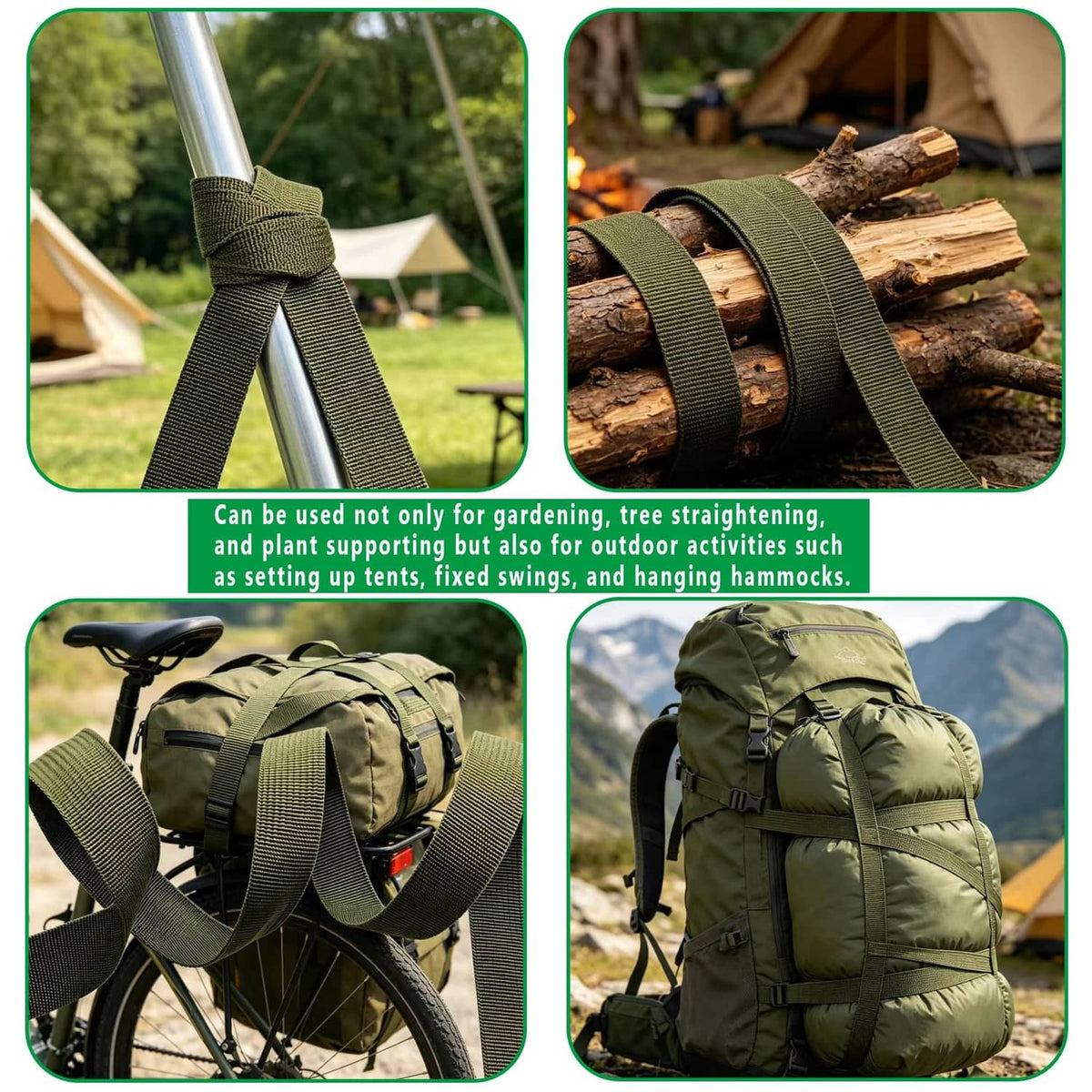 Army green tree tie strap, woven webbing wrapped around metal poles