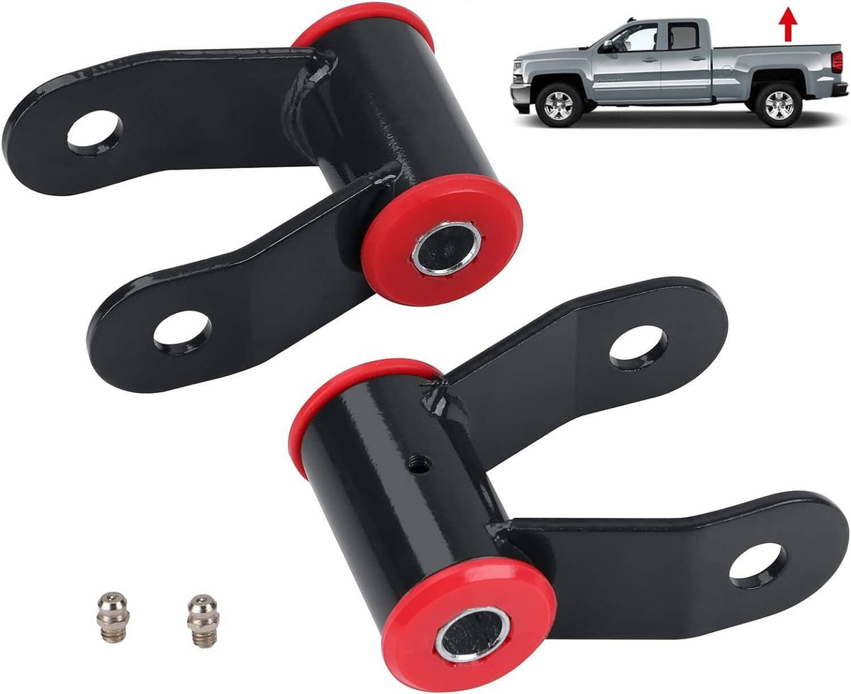 Rear lift shackles with two black brackets and red centered metal spacers