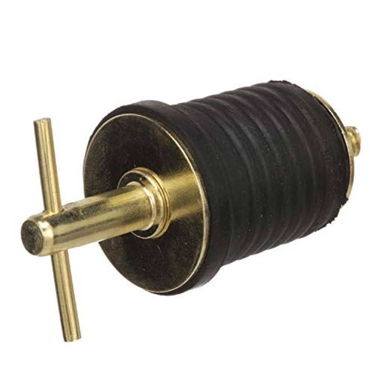 1-inch drain plug T-handle with black ribbed rubber sleeve and brass cap