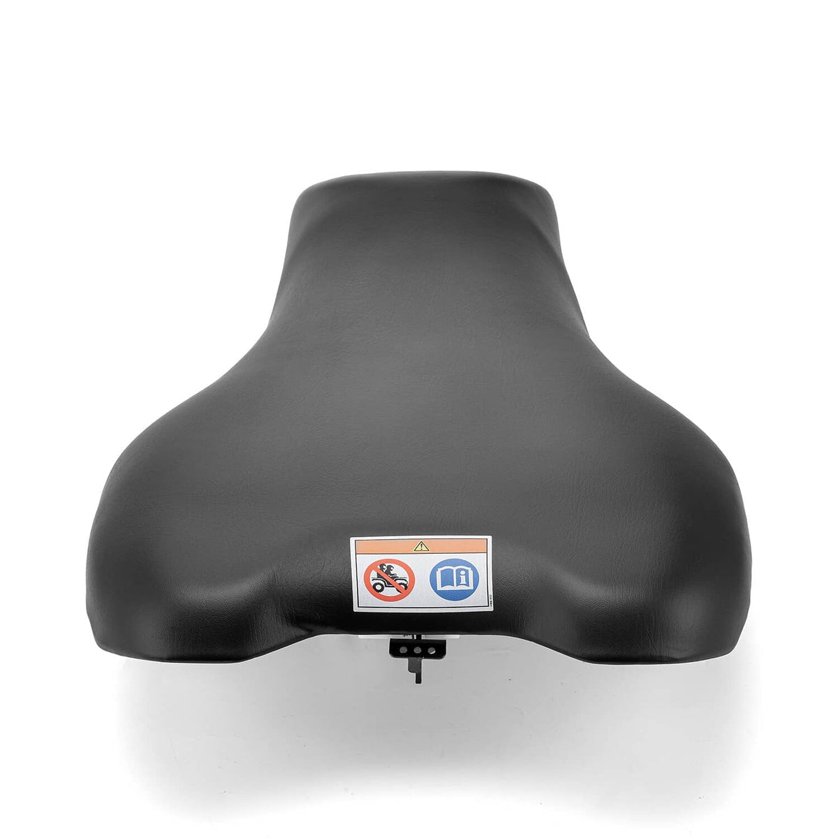 Black motorcycle seat with label panel and central rear mounting bracket
