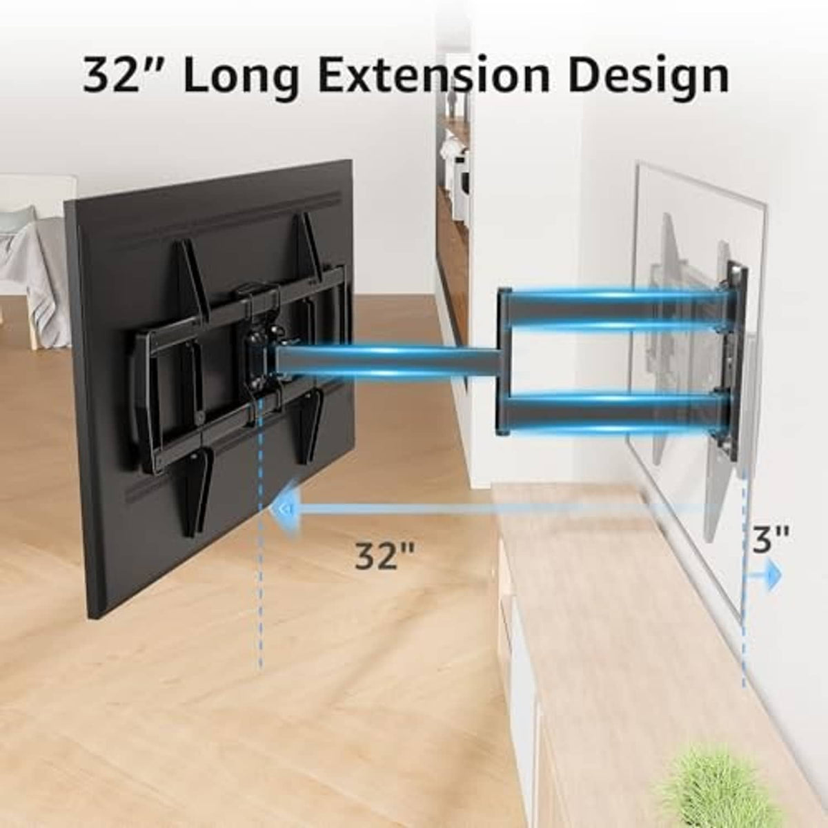 Black corner TV wall mount extended on arms, with left and right bracket plates