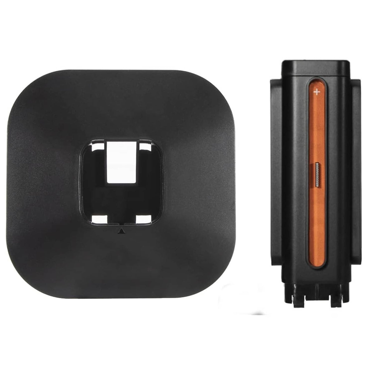 Black charging dock cover with connector slot and orange LED indicator window