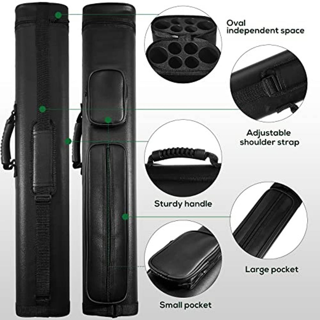 Black hard oval billiard cue case with shoulder strap, handle, and large side pocket
