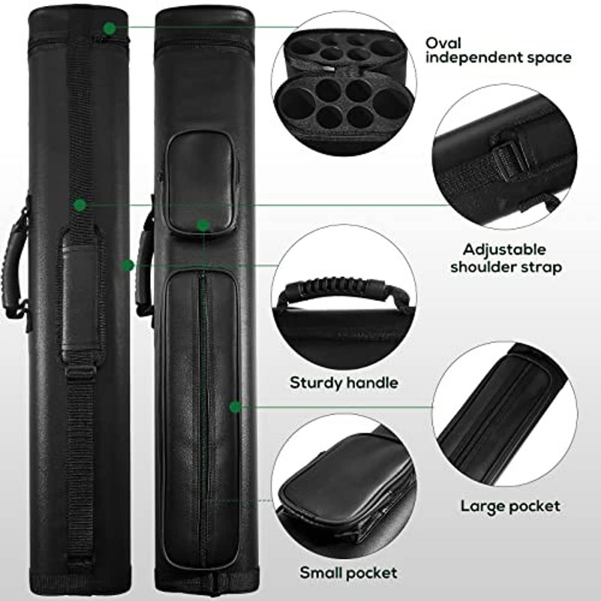 Black hard oval billiard cue case with shoulder strap, handle, and large side pocket