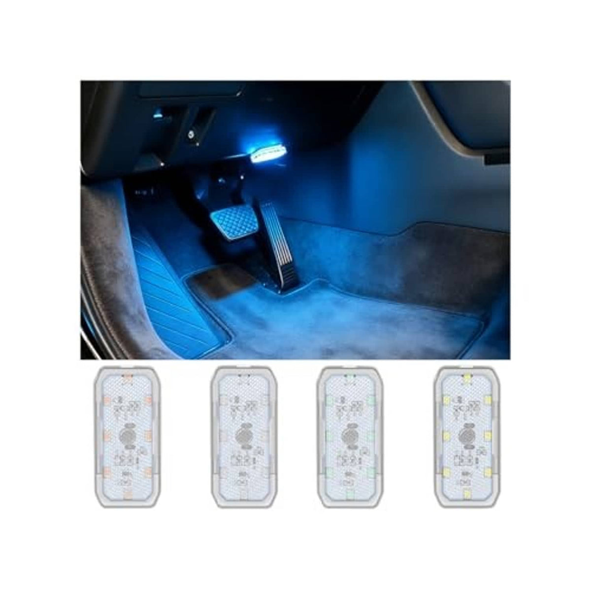 Set of four magnetic LED car ambient lights with ice blue glow, clear housings