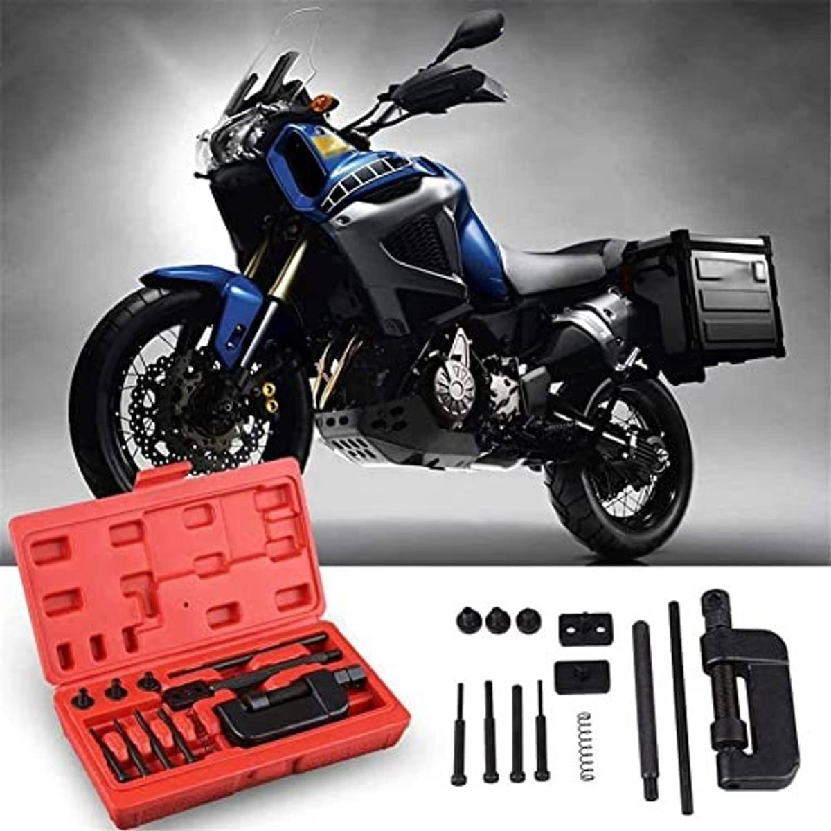 Motorcycle chain splitter and rivet tool kit with black press body and punch set