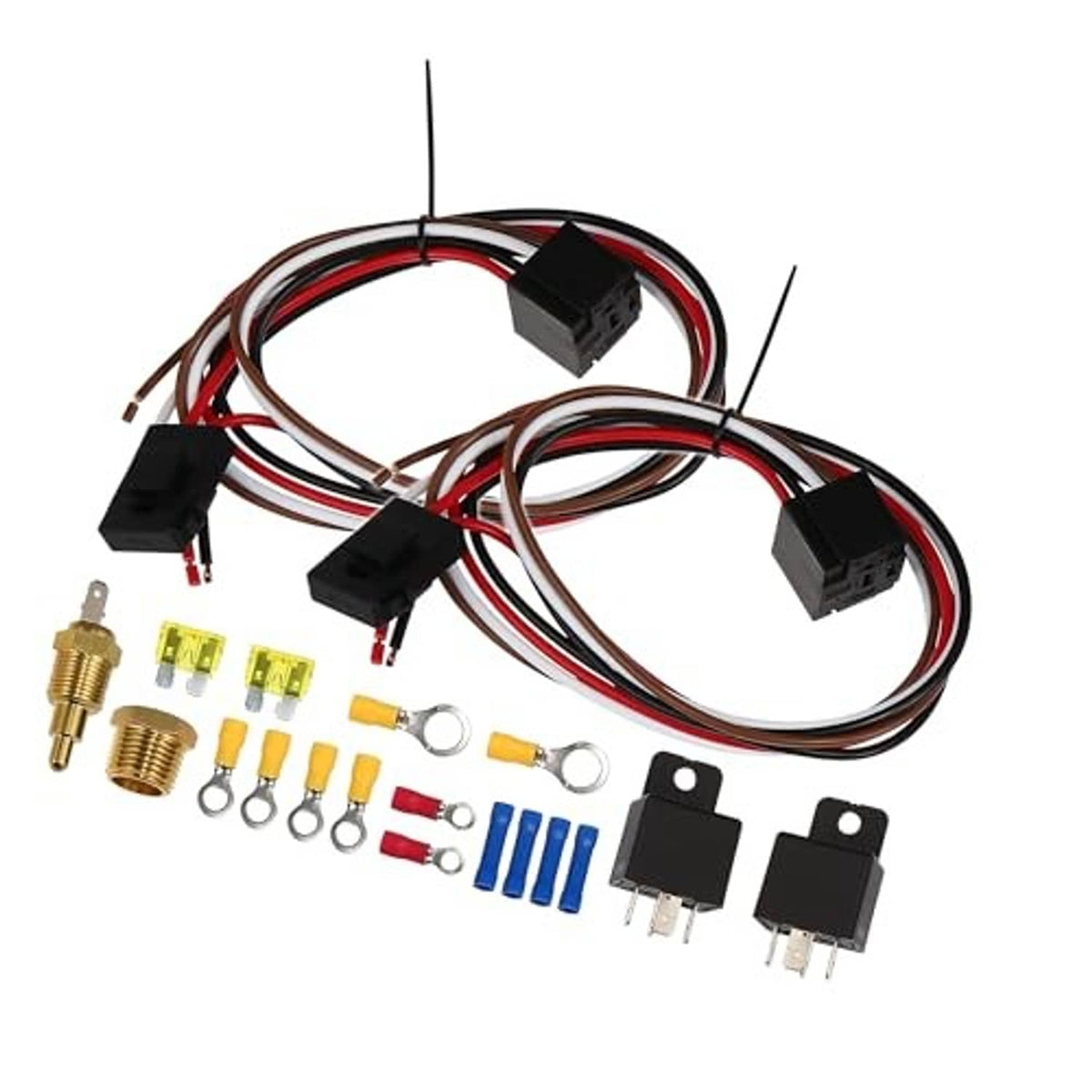 Dual electric fan relay kit wiring harness with sensor switch and connector plugs