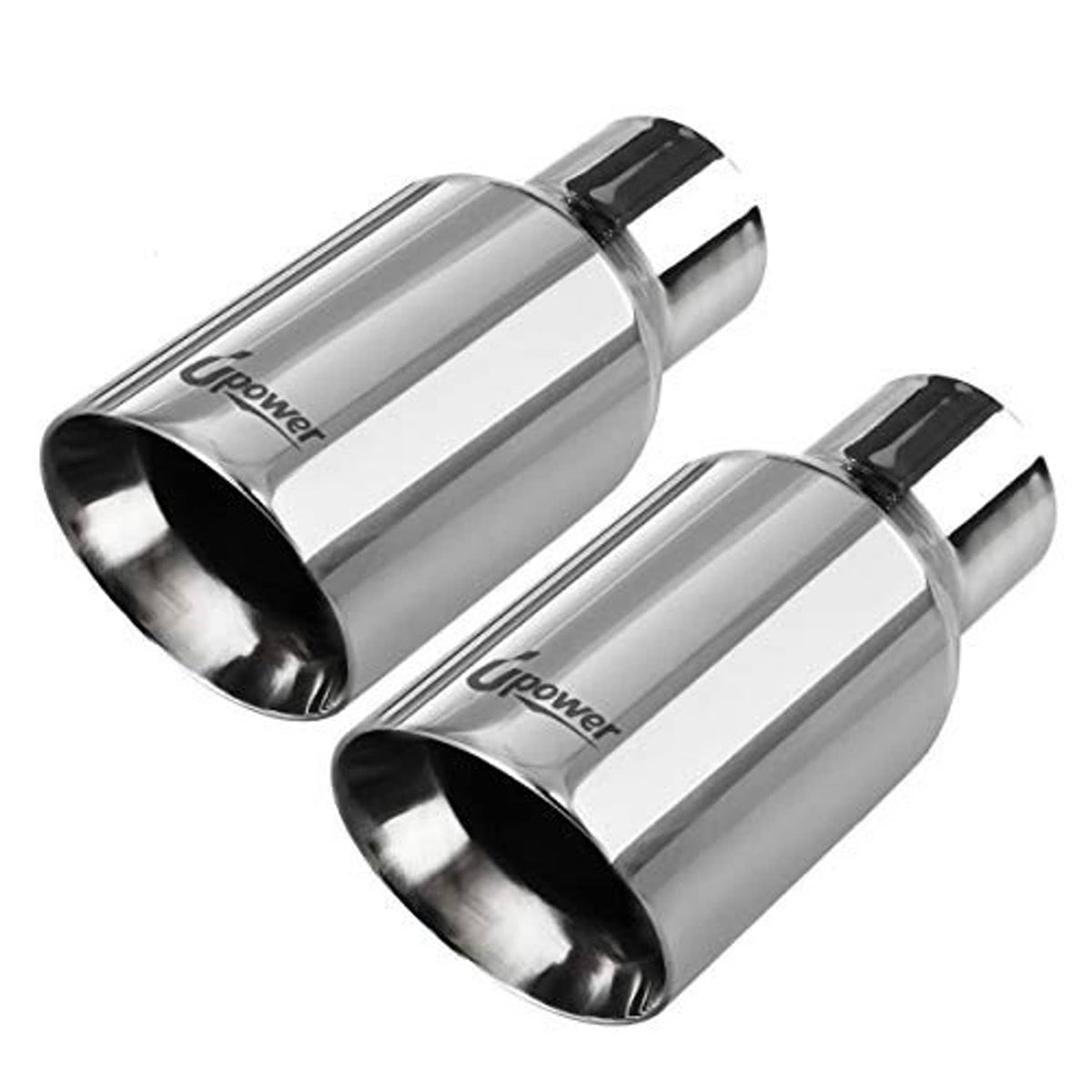 Two mirror-polished stainless exhaust tips with black inner outlet ends, angled view