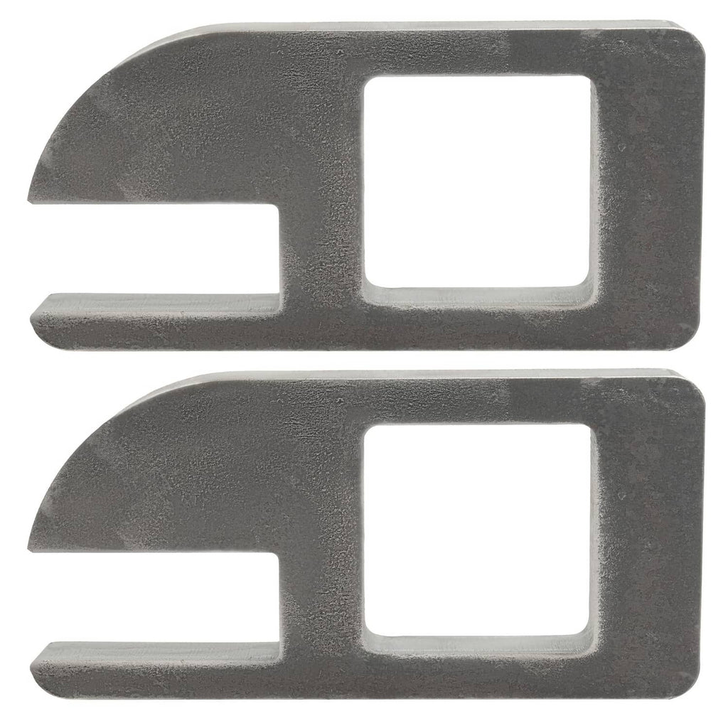 Two dark gray steel clip brackets with curved edges and square window cutouts