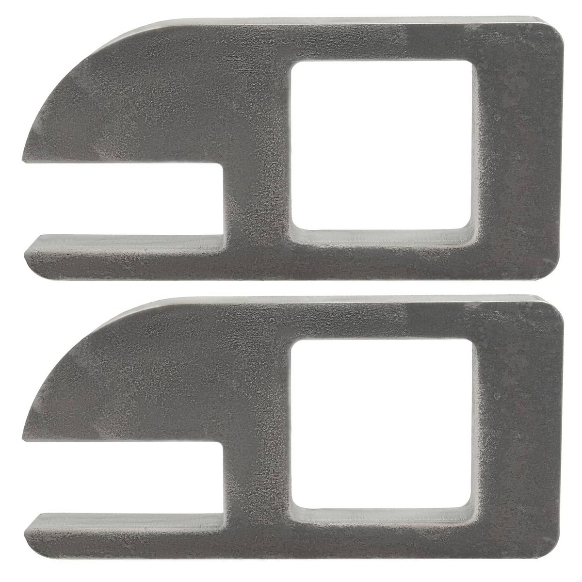 Two dark gray steel clip brackets with curved edges and square window cutouts