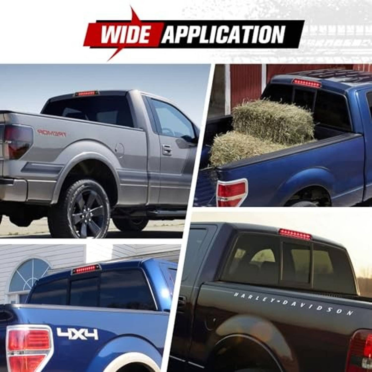 Smoked LED third brake light bar shown on pickup rear in multiple angles, red LEDs