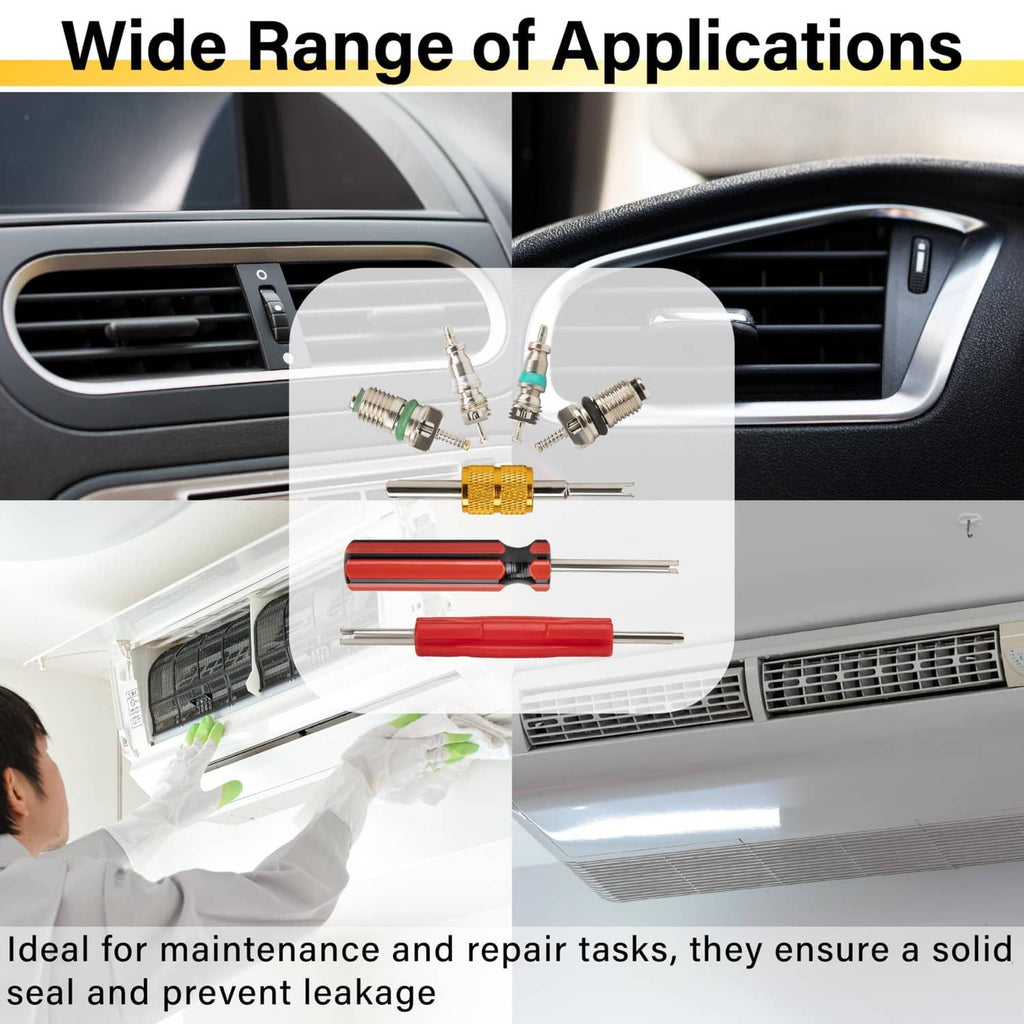 AC valve core tools and multiple Schrader valve cores for repair and maintenance