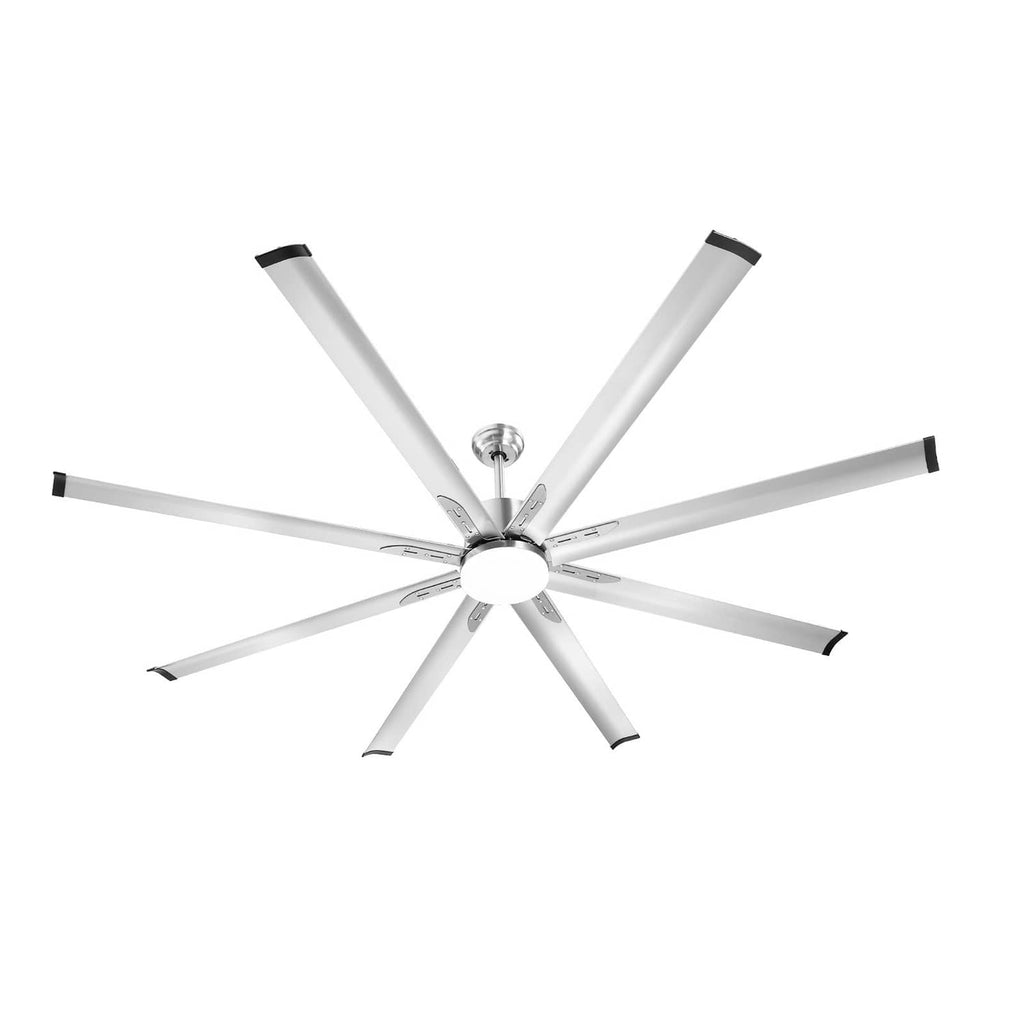 Brushed nickel ceiling fan with 8 blades, central light housing and mounting canopy