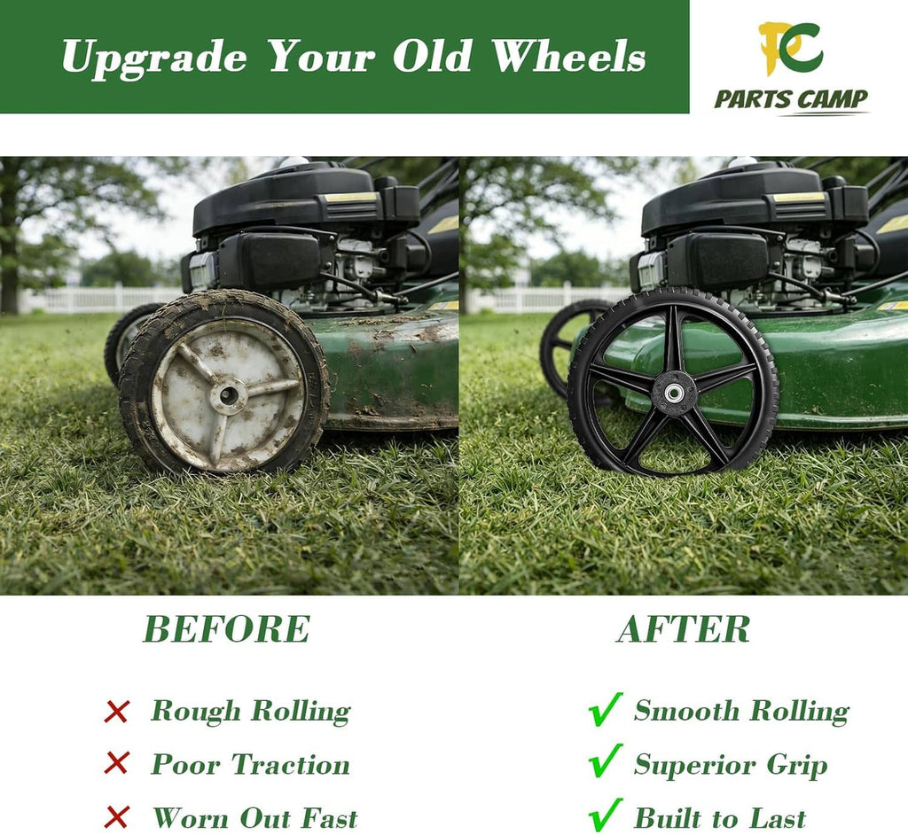 Garden mower wheel upgrade, showing before and after smooth rolling black wheel