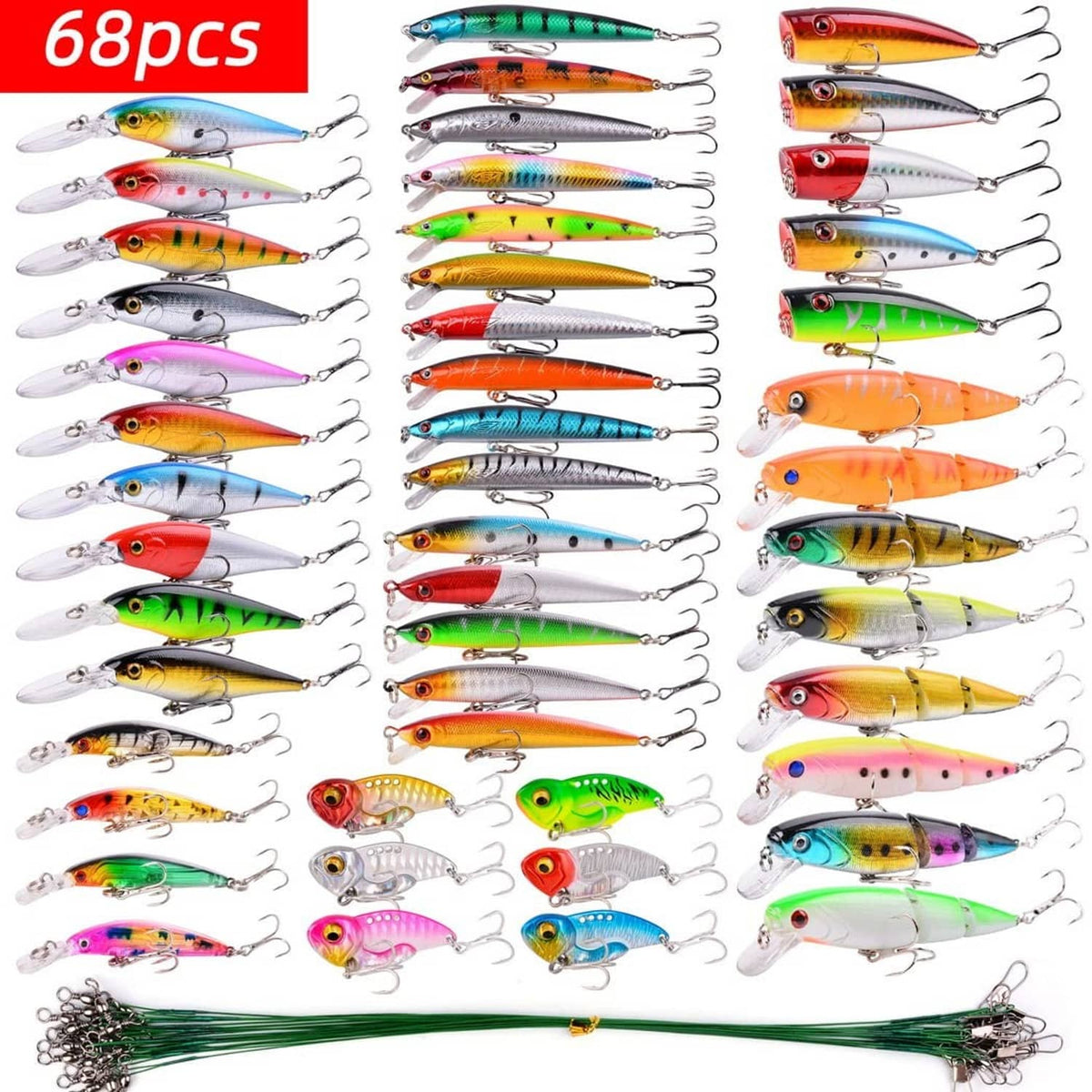 68-piece assorted fishing lure set with multicolor lures and treble hooks